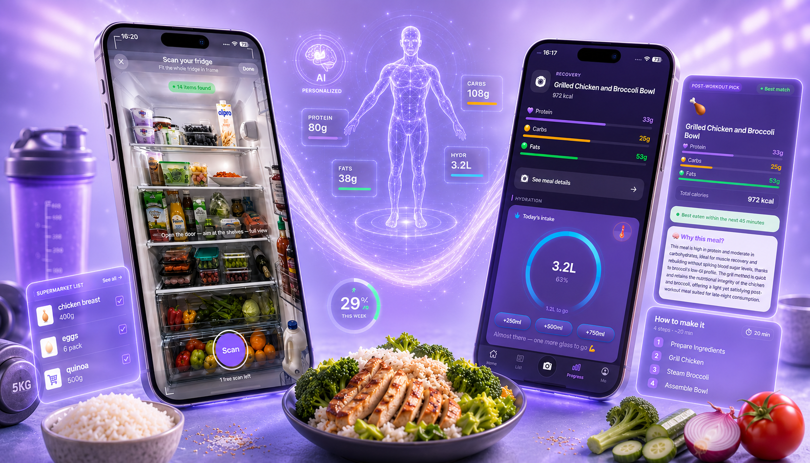 Fridgym AI scanning a fridge and generating a personalized recovery meal