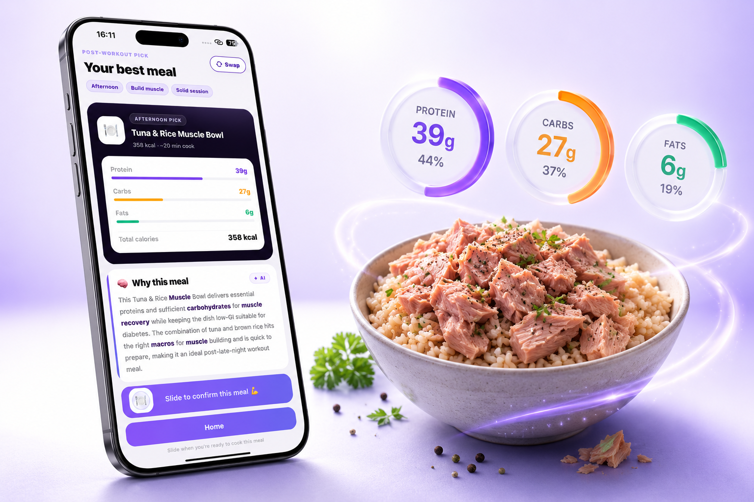 Personalized recovery meal with macro breakdown